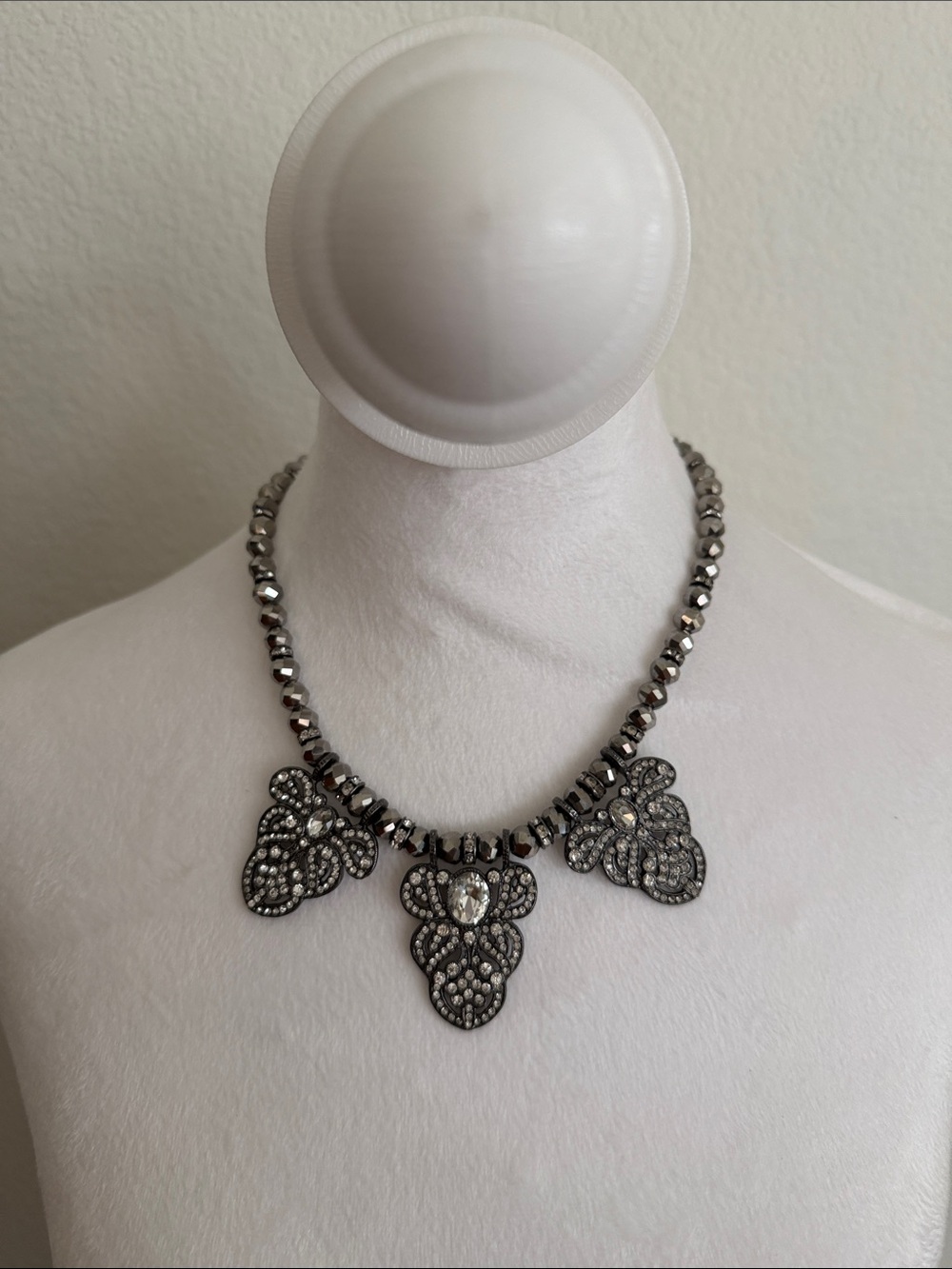 Crystal Bib Necklace in Hematite Tone